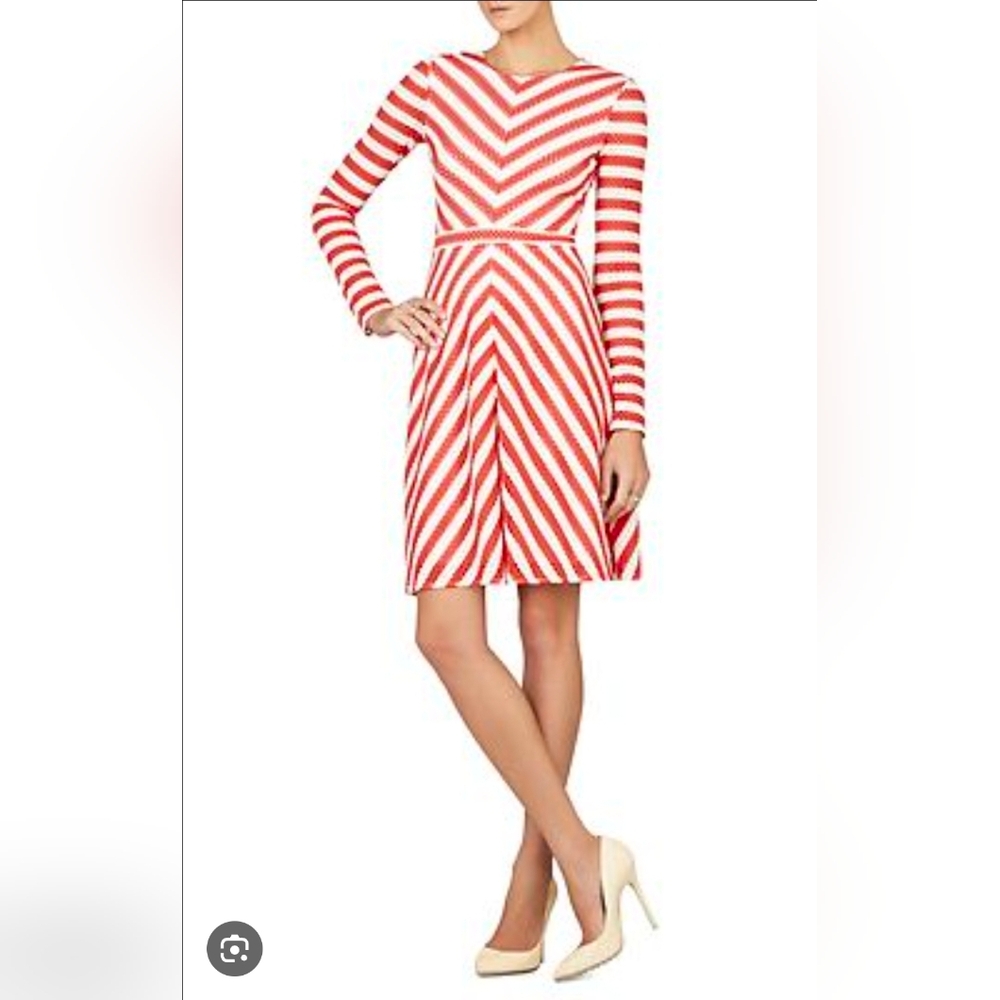 BCBGMAXAZRIA Kristina Long Sleeved Cream And Orange Flare Dress